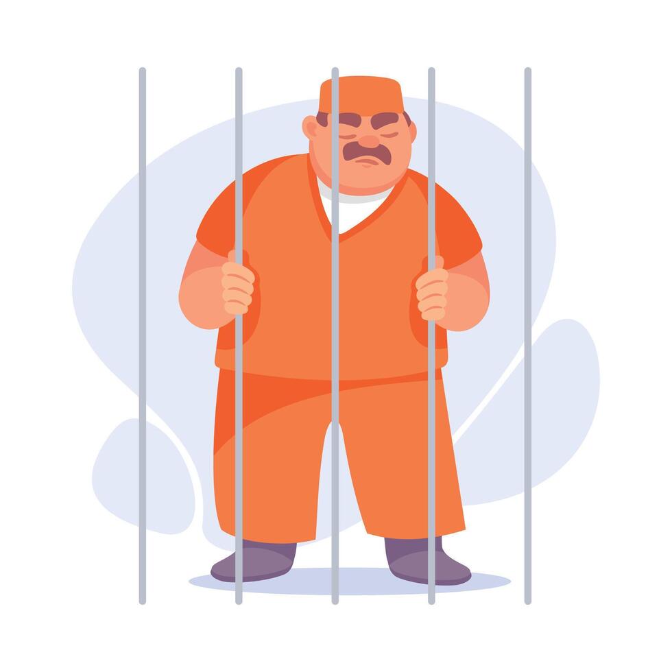 Man Criminal Stand in Orange Uniform in Jail Commit Crime and Theft Illustration vector