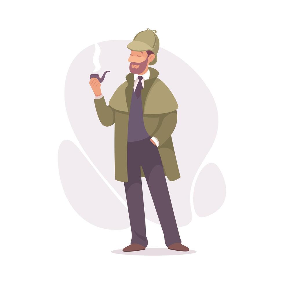 Inspecting Detective Man Character Smoking Pipe Investigating Case Illustration vector
