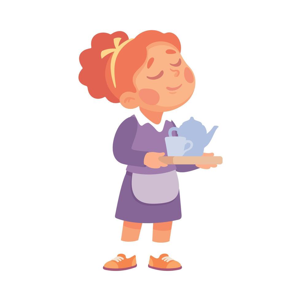 Funny Girl Waiter in Apron Serve Tea on Tray Illustration vector