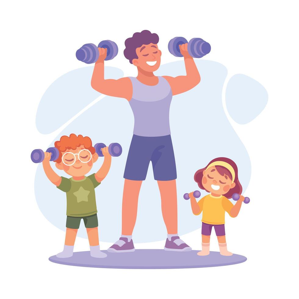 Man Parent with Son and Daughter Lift Dumbbell as Home Activity Illustration vector