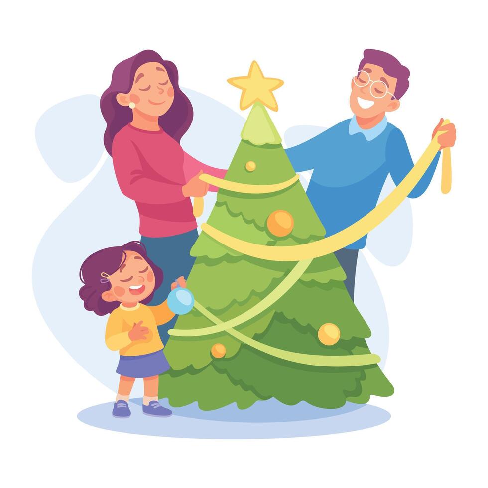 Man and Woman Parent with Daughter Decorate Fir Tree as Home Activity Illustration vector