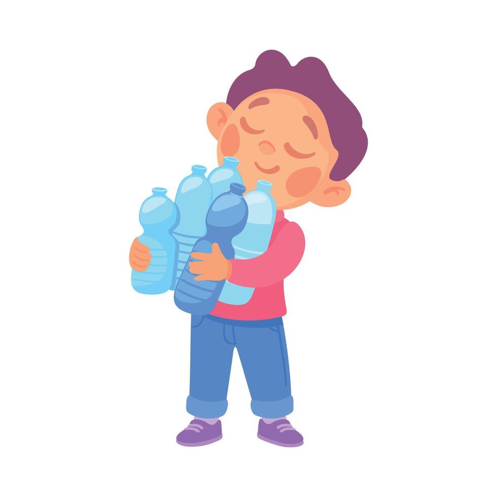 Little Boy Gather Plastic Bottles Saving Planet Illustration vector