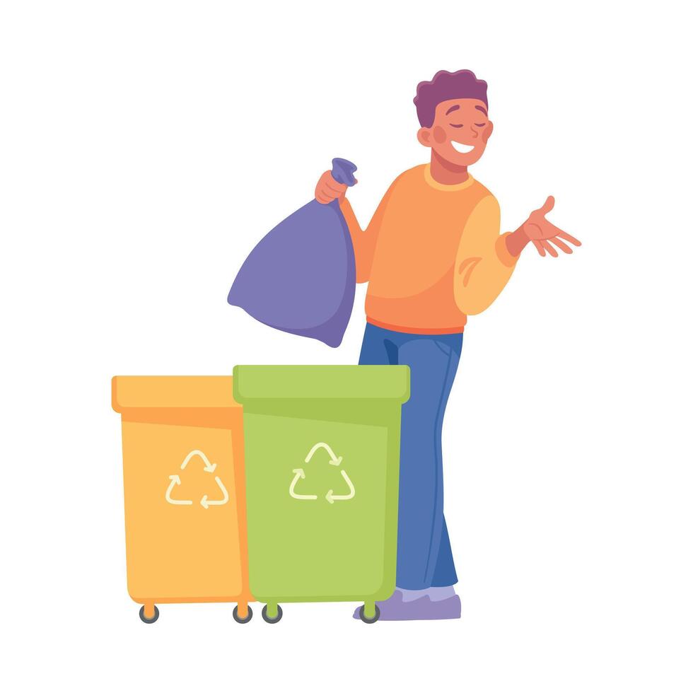Happy Man Character Gather Garbage Saving Planet Illustration vector