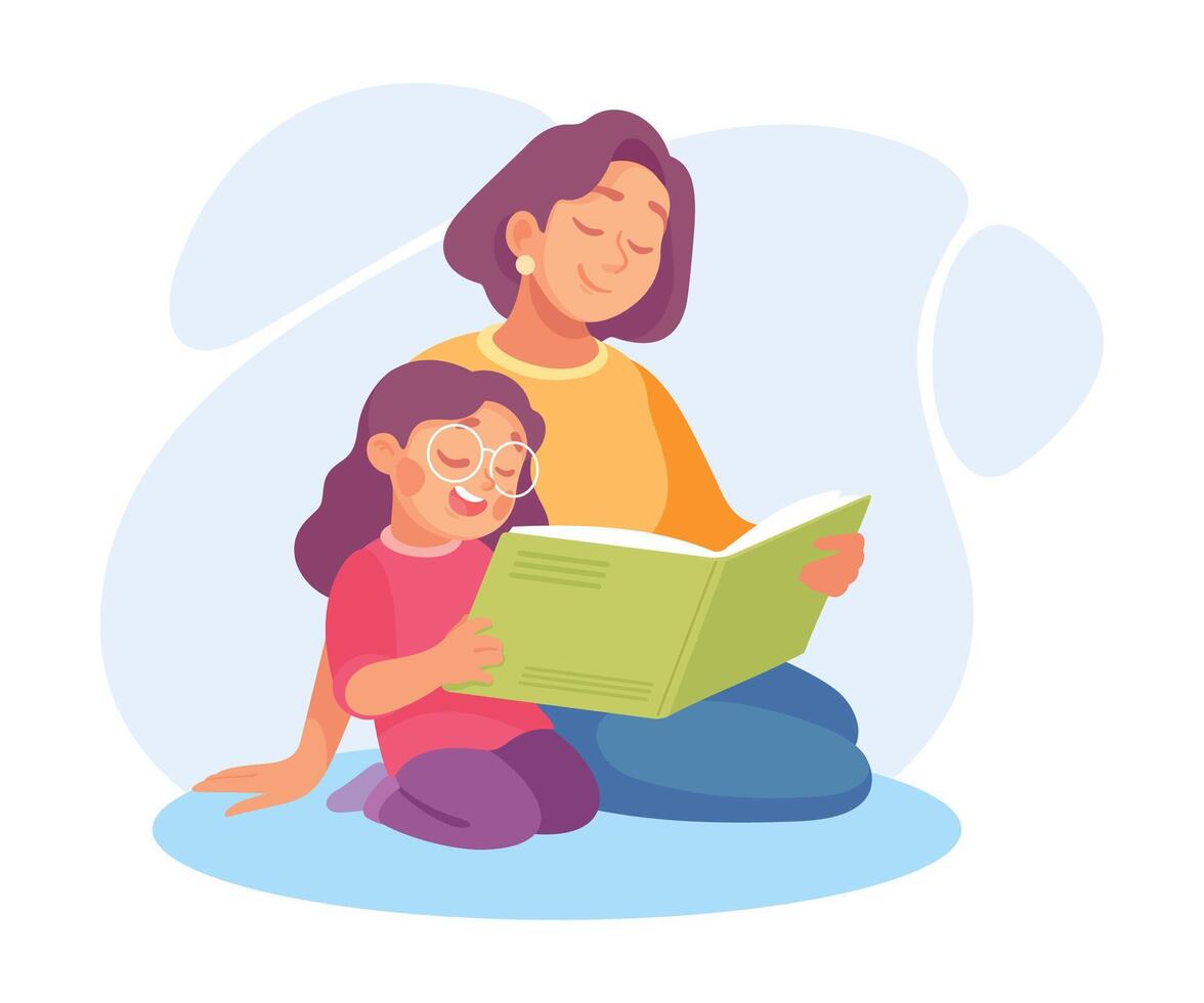 Woman Parent with Her Daughter Reading Book as Home Activity Illustration vector