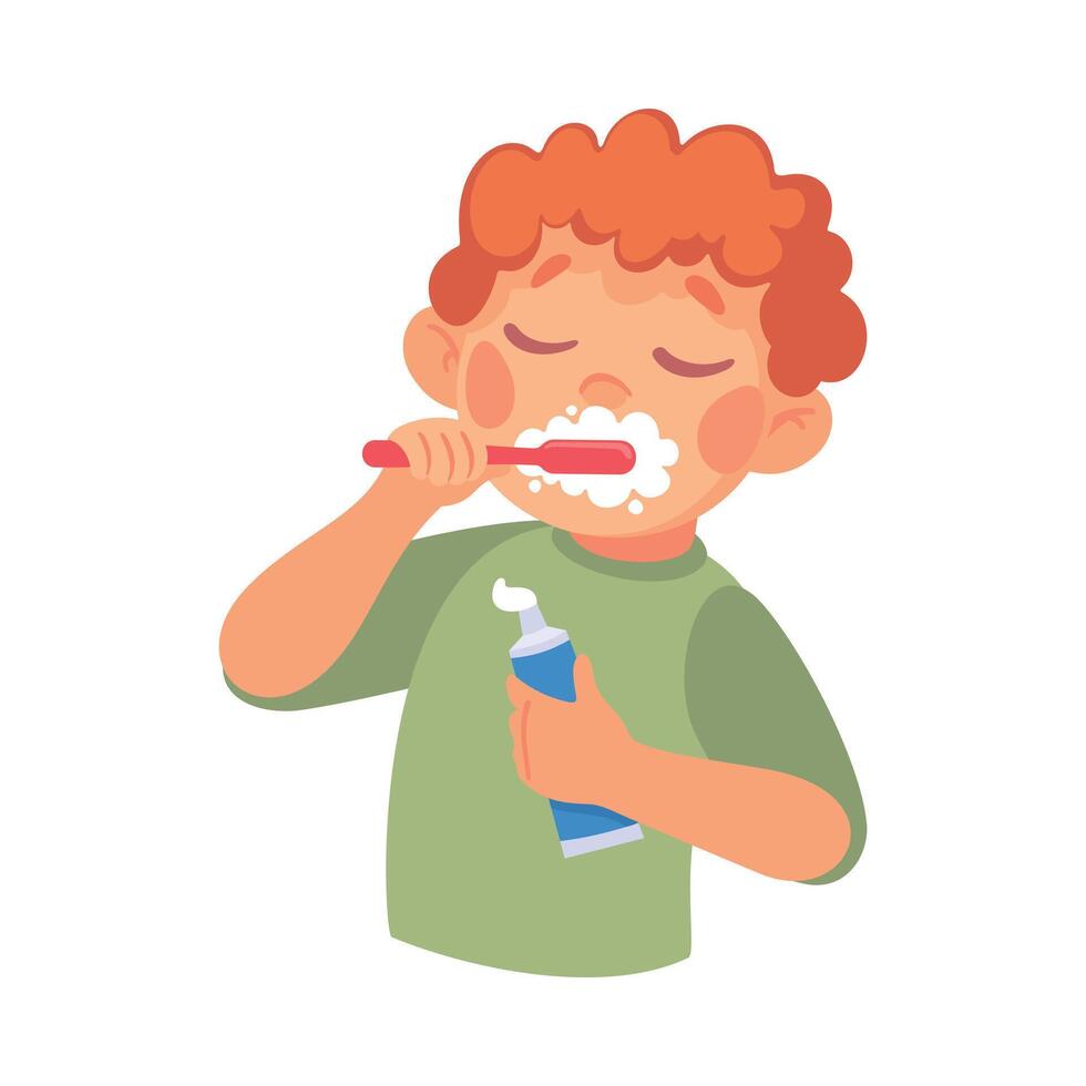 Boy Character in Bathroom Brushing Teeth Enjoy Morning Routine Illustration vector