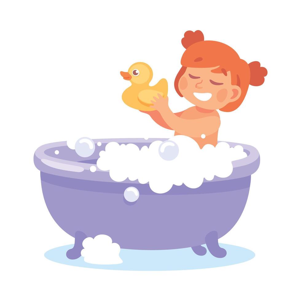 Girl Character in Bathroom Bathing in Bathtub Enjoy Morning Routine Illustration vector