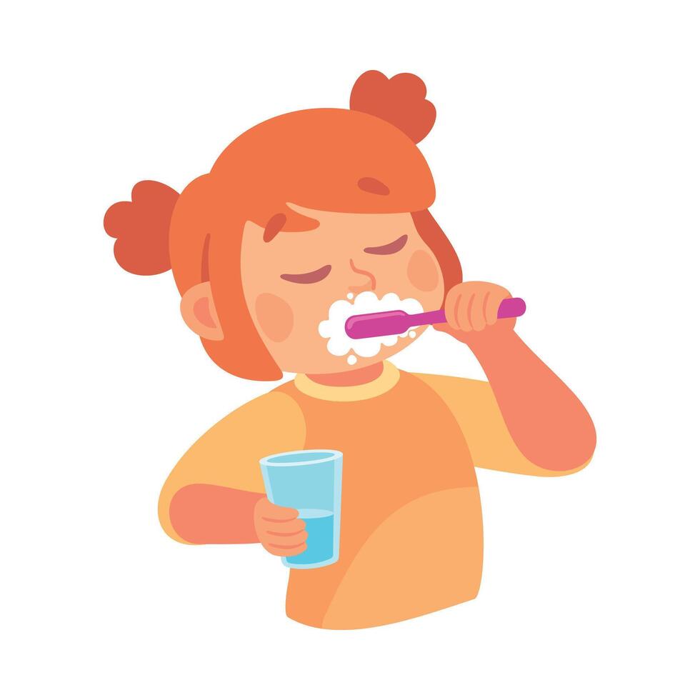 Girl Character in Bathroom Brushing Teeth Enjoy Morning Routine Illustration vector