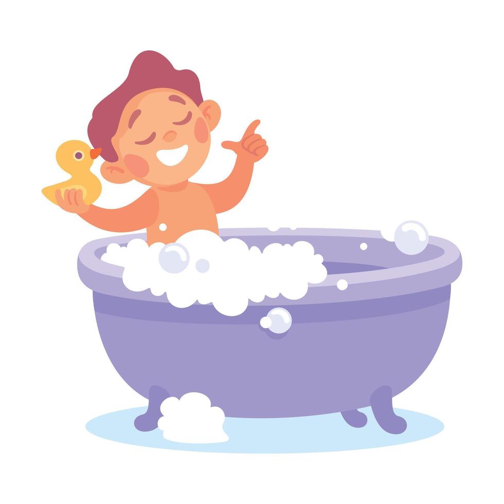 Boy Character in Bathroom Bathing in Bathtub Enjoy Morning Routine Illustration vector