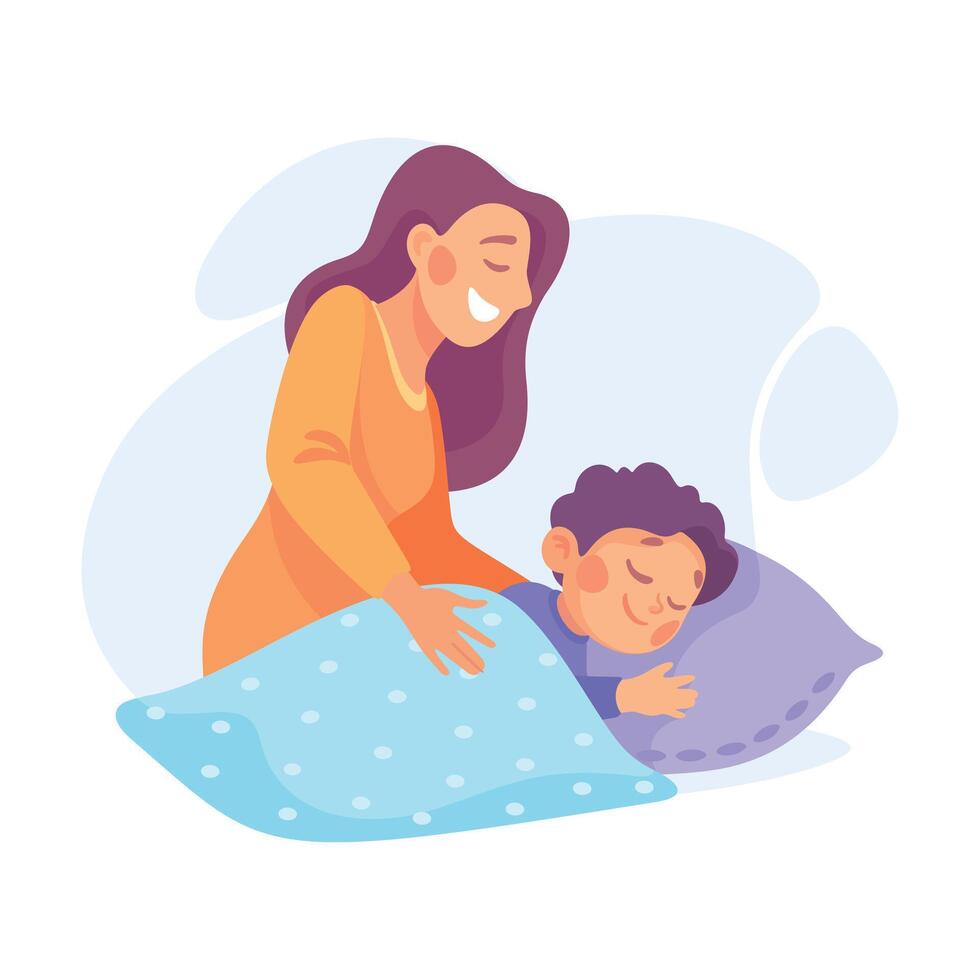 Woman Parent with Her Son Sleeping in Bed as Home Activity Illustration vector