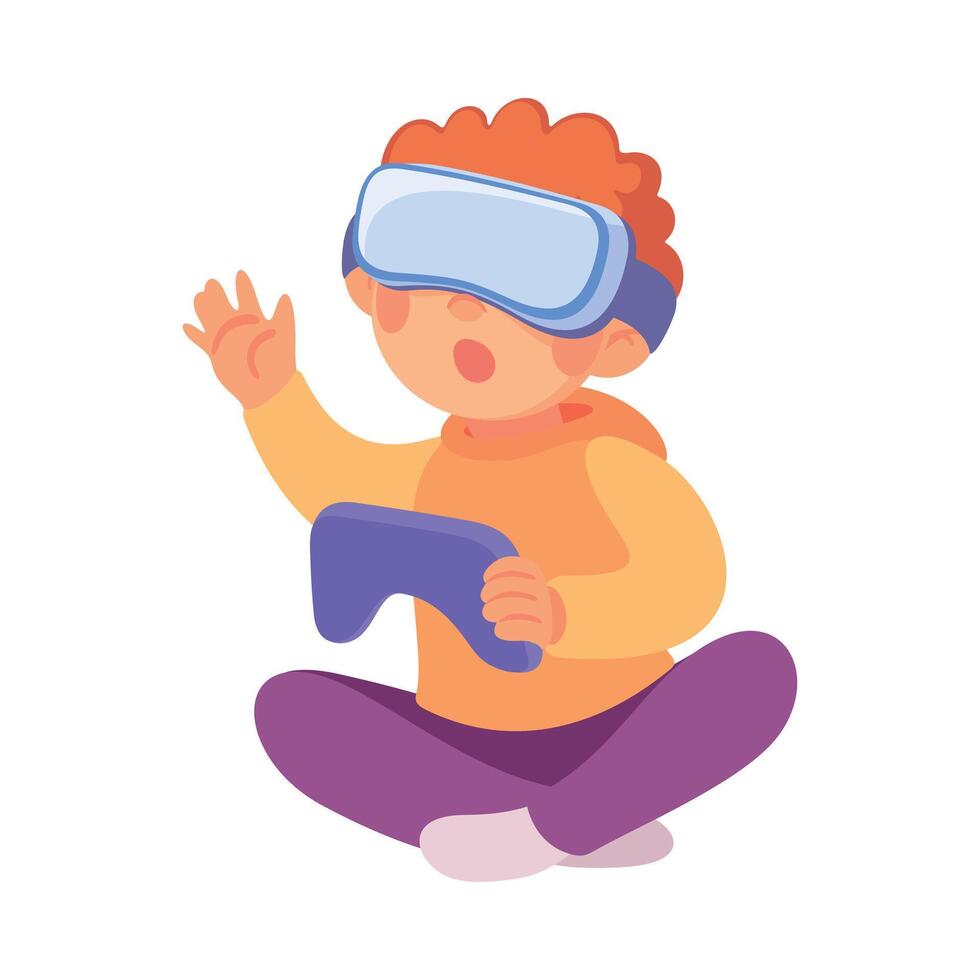 Little Boy Sit in VR Glasses and Gamepad Play Game Illustration vector