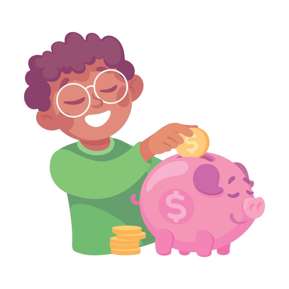 Happy Boy Character Save Money in Piggy Bank Illustration vector