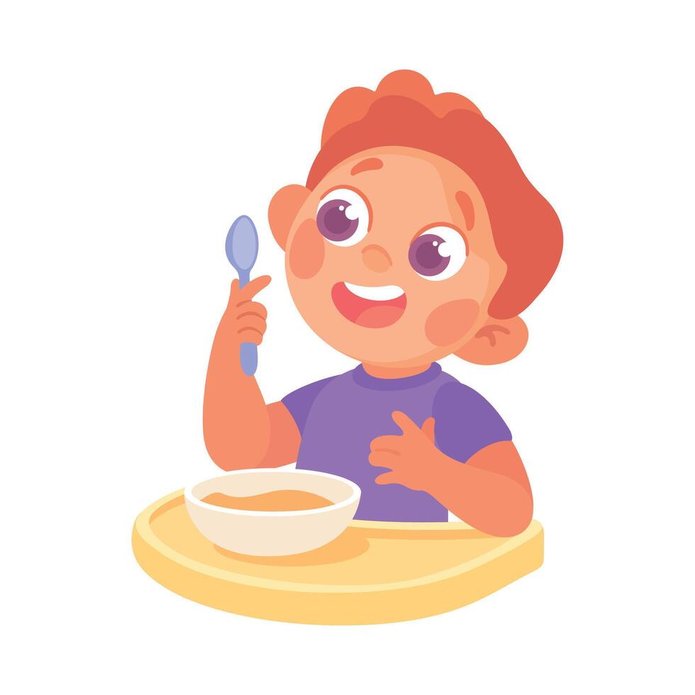 Boy Sitting and Eat Breakfast Meal at Table Illustration vector