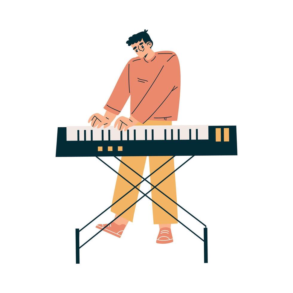 Man Musician on Stage at Summer Open-air Musical Festival Playing Keyboard Illustration vector