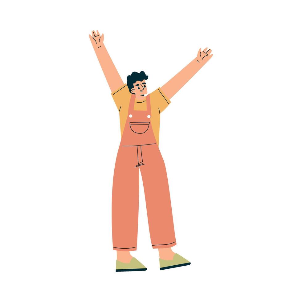 Man at Musical Festival Standing with Raised Hands Have Rest Illustration vector