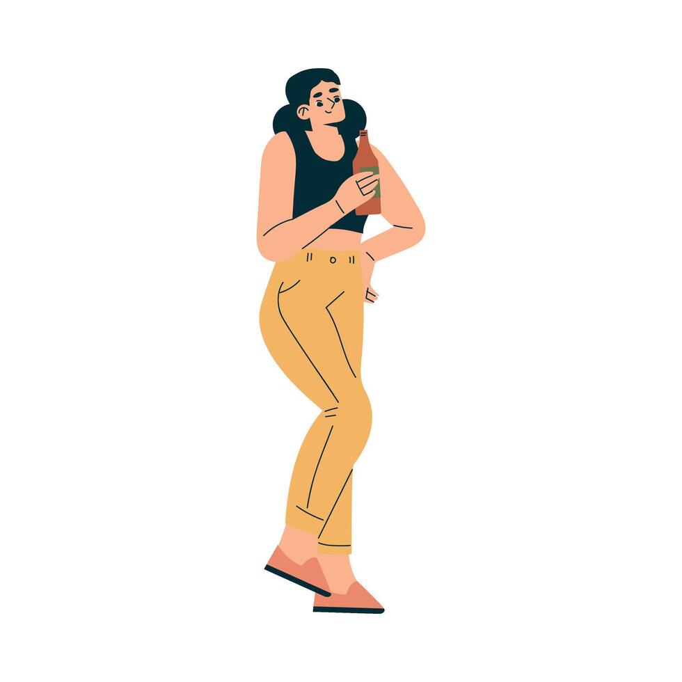 Woman at Musical Festival Stand with Drink in Bottle Have Rest Illustration vector