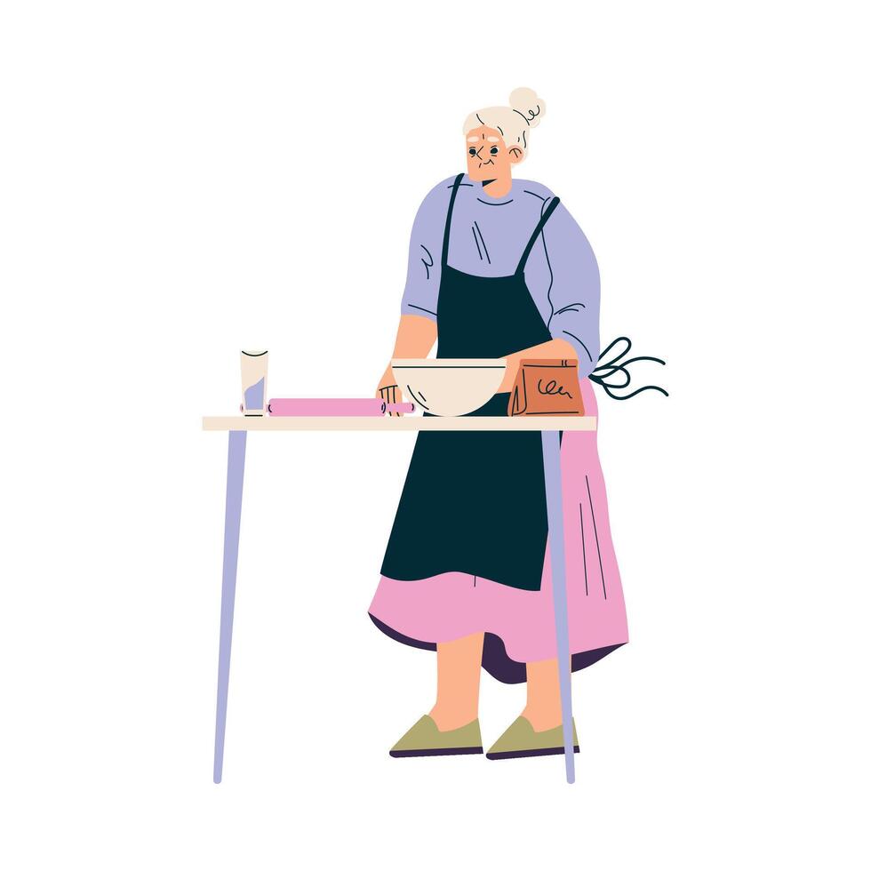 Senior Woman Character Cooking and Baking Illustration vector