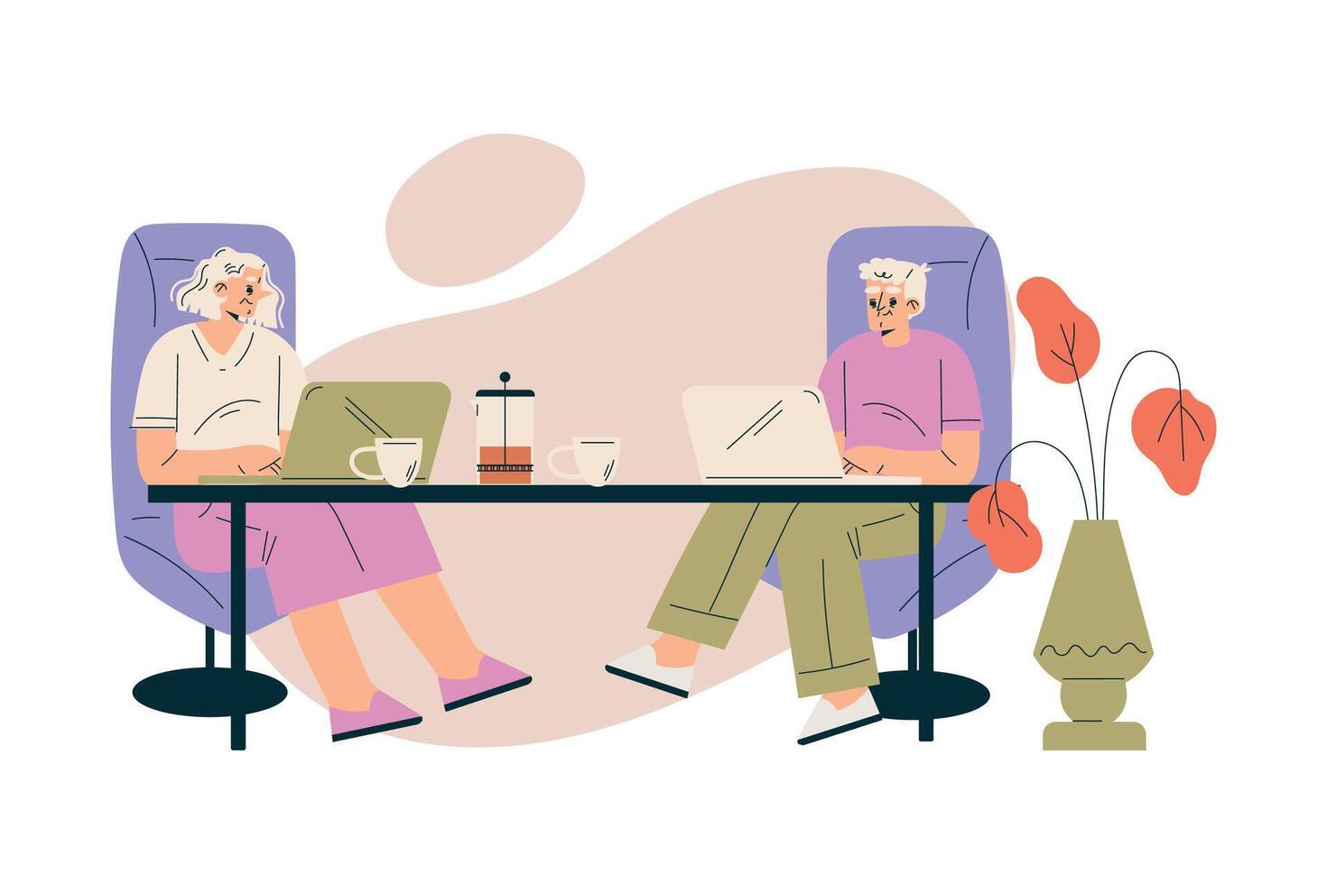 Nursing Home with Retired Man and Woman Character Sit at Laptop at Desk Illustration vector