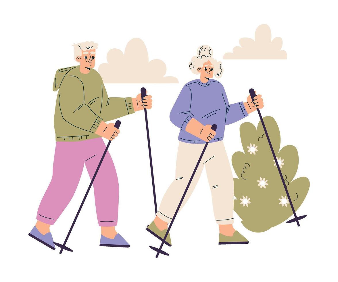 Nursing Home with Retired Man and Woman Character Pole Walking Illustration vector