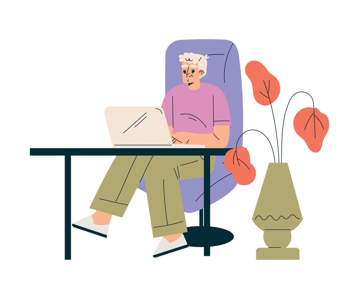 Senior Man Character Sit at Desk with Laptop Illustration vector