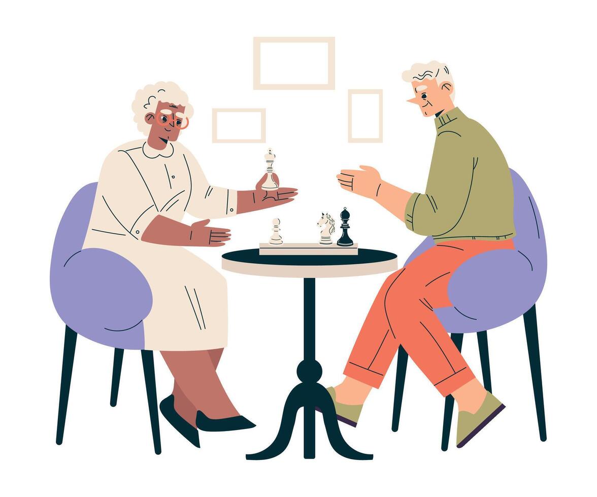 Nursing Home with Retired Man and Woman Character Play Chess Illustration vector
