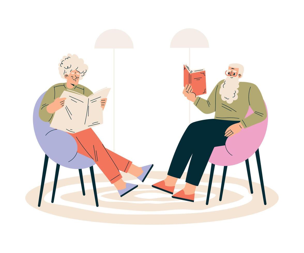 Nursing Home with Retired Man and Woman Character Read Book and Newspaper Illustration vector