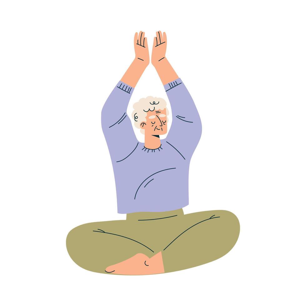 Senior Man Character Sit in Yoga Pose Do Exercise Illustration vector