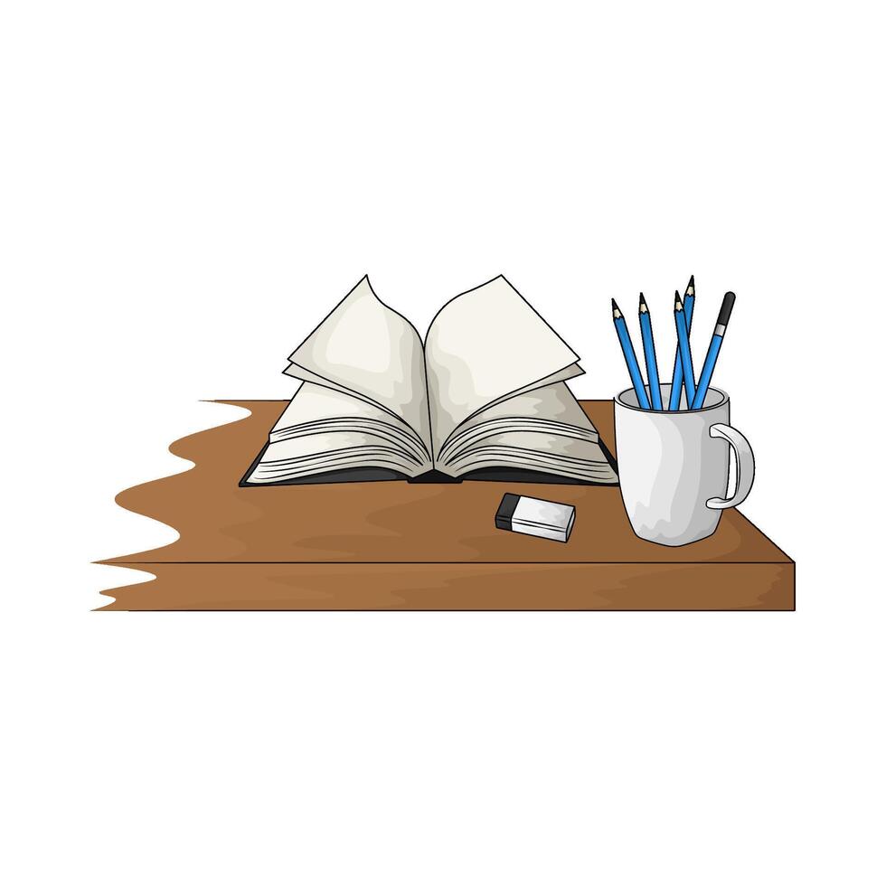 illustration of book and pencil holder on table vector