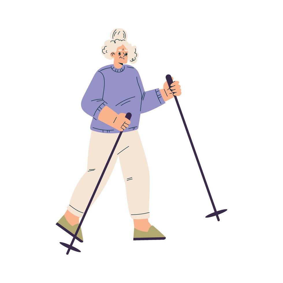 Senior Woman Character Pole Nordic Walking Illustration vector