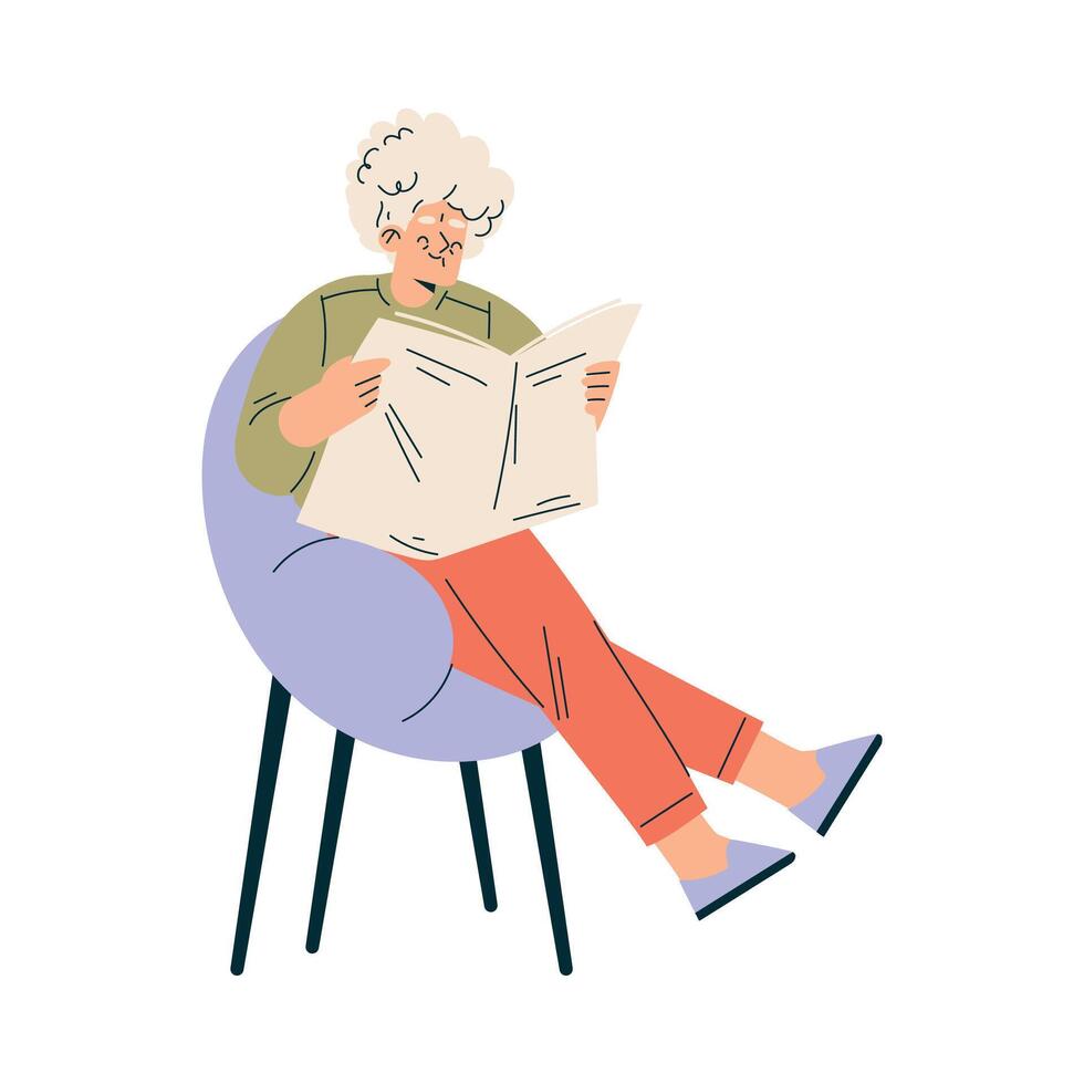 Senior Woman Character Sit on Chair Reading Newspaper Illustration vector