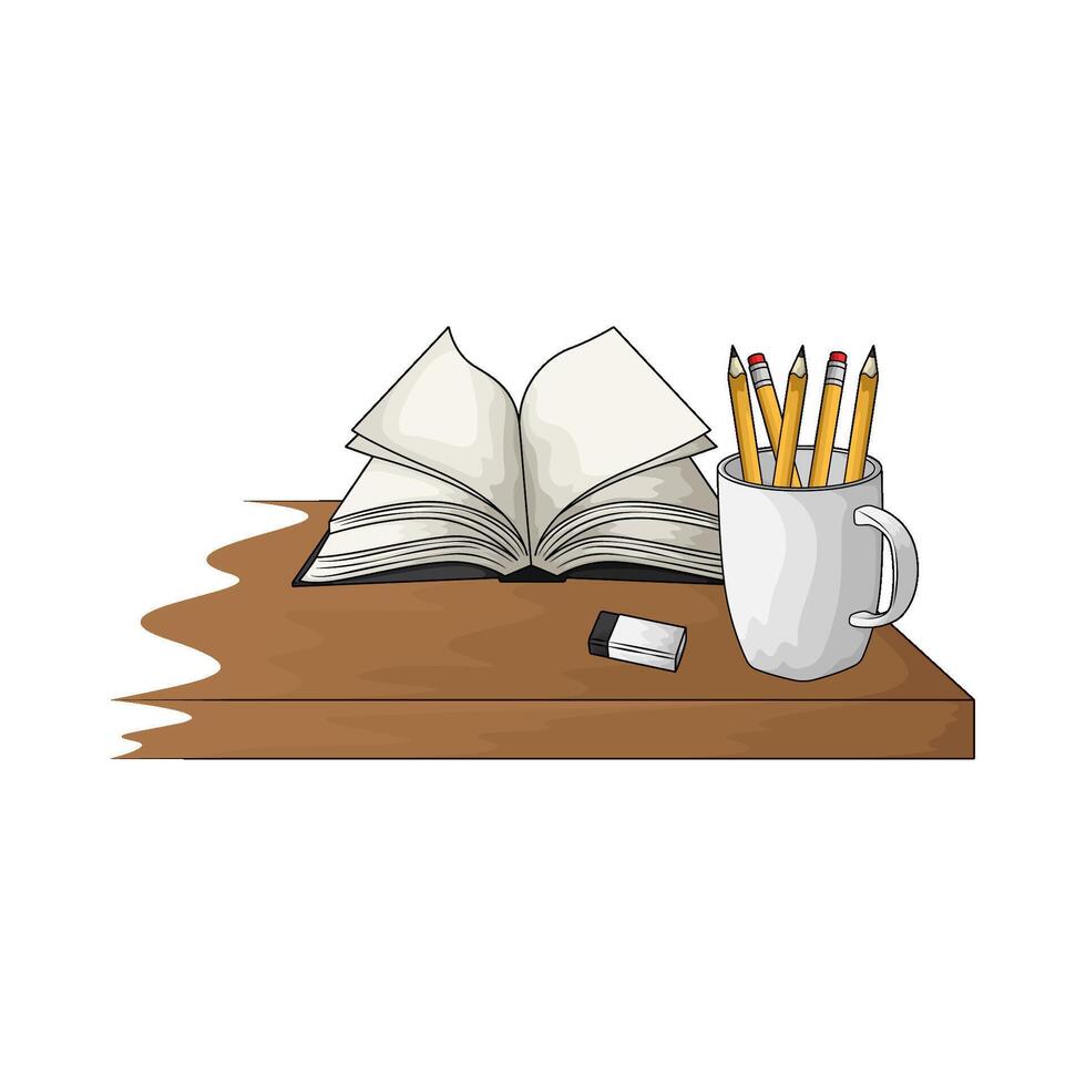 illustration of book and pencil holder on the table vector