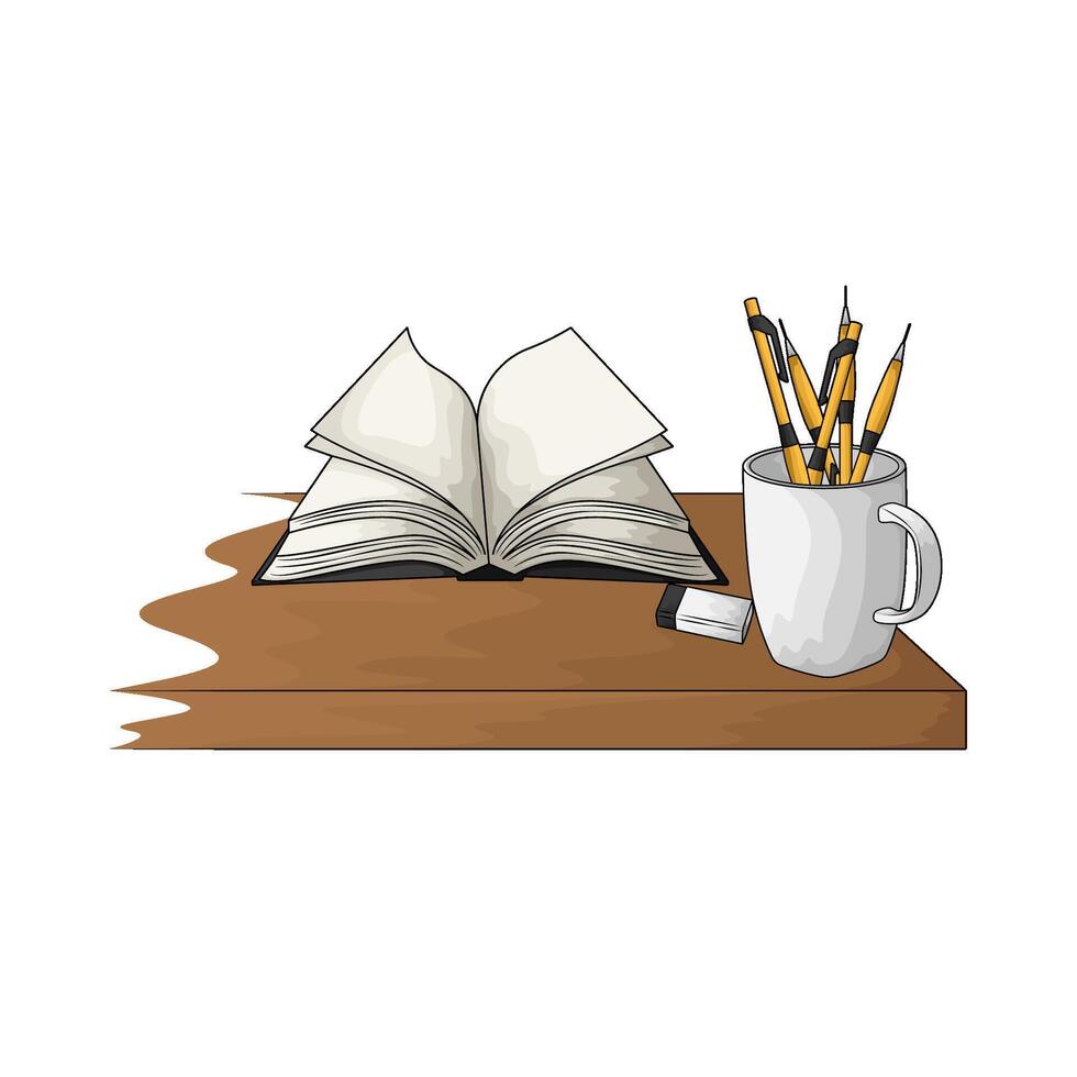 illustration of book with pencil holder on the table vector
