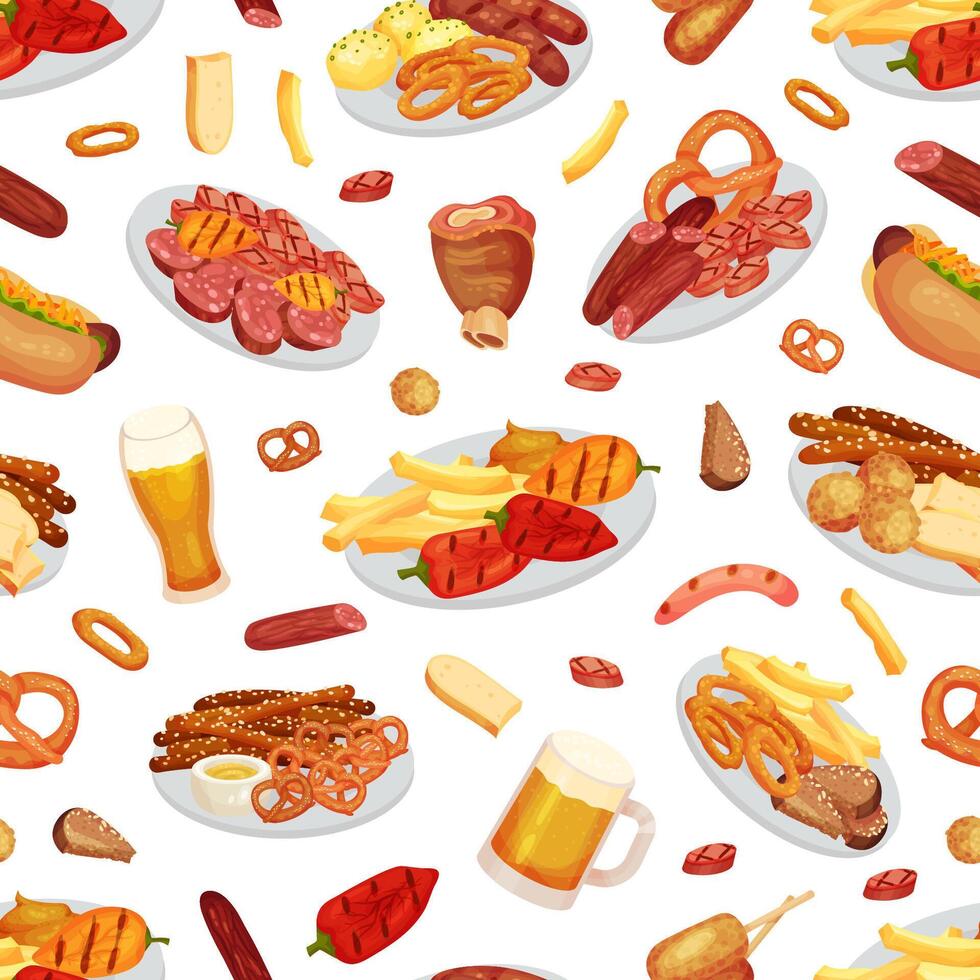 October Fest Seamless Pattern Design with Food and Beer Template vector