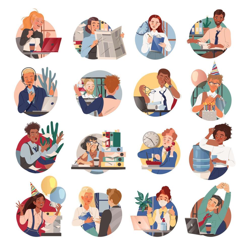 Man and Woman Office Staff Character at Workplace Set vector