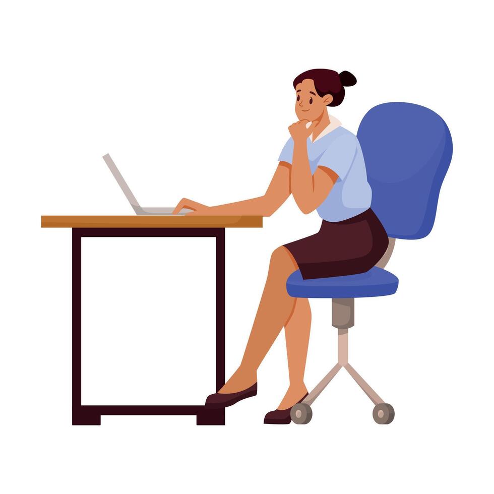 Woman Office Staff Character at Workplace Sit at Desk with Laptop Illustration vector