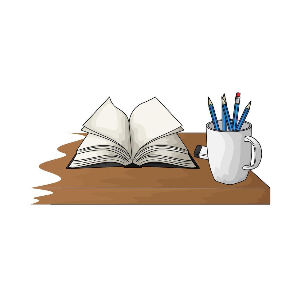 book with pencil holder on the desk vector