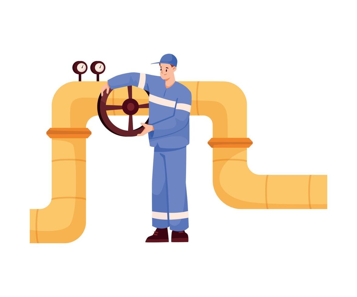 Oil Industry Man Worker Character Stand in Uniform at Pipeline Illustration vector