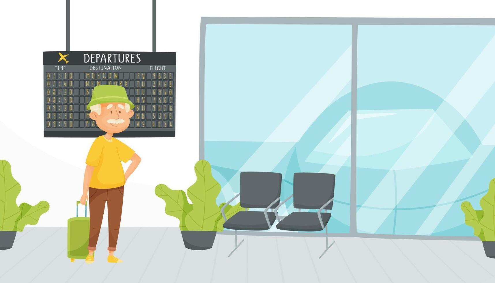 Senior Man Character with Suitcase Travel at Airport Illustration vector