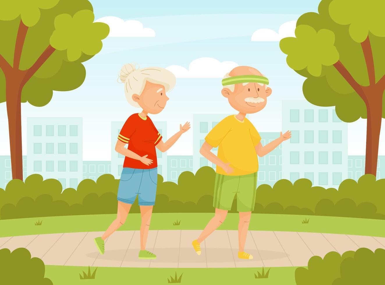 Senior Man and Woman Character Running and Jogging in Park Illustration vector