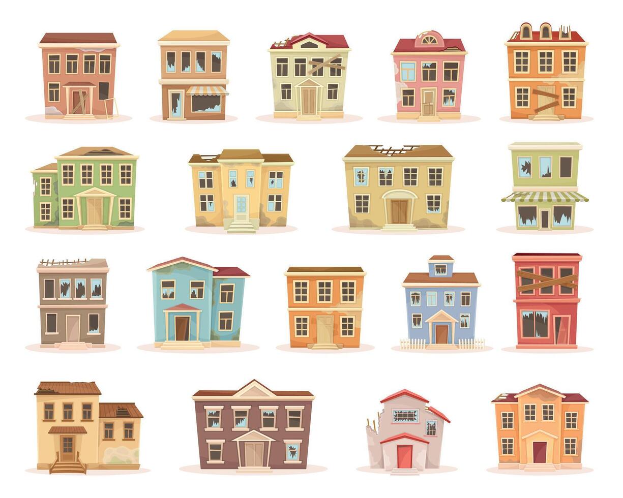 Old Weathered House and Dwelling with Broken Roof and Window Set vector