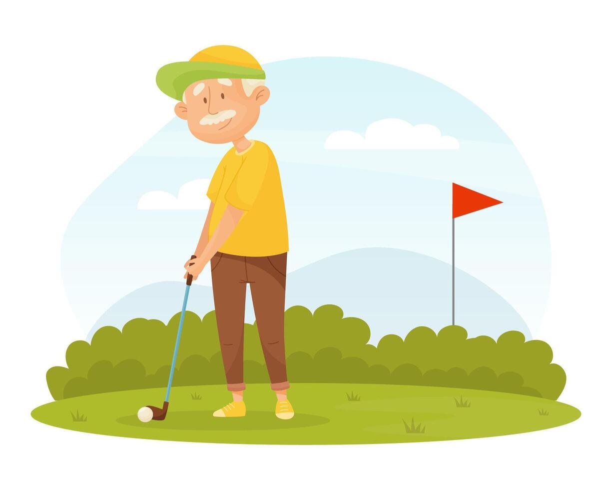 Senior Man Character Playing Golf at Green Field with Club Illustration vector