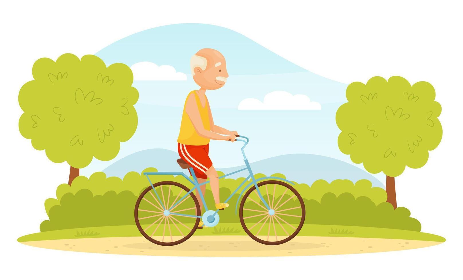 Senior Man Character Ride Bicycle in Park Illustration vector