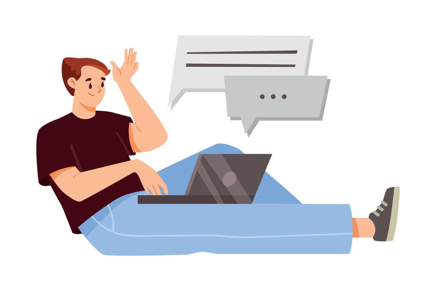 Online Communication with Man Character at Laptop Chatting Illustration vector