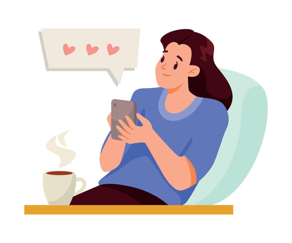 Online Communication with Woman Character with Smartphone Chatting Illustration vector