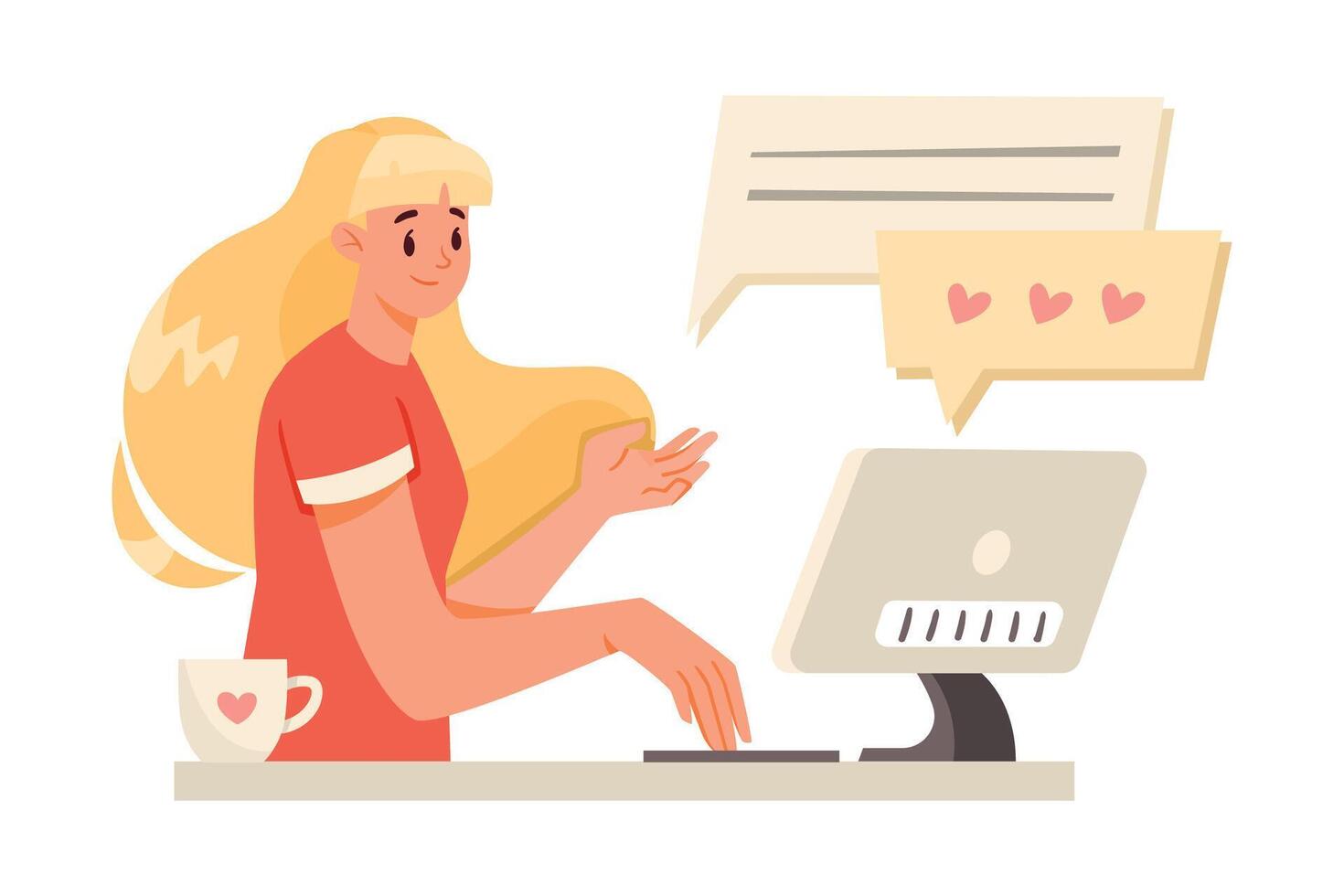 Online Communication with Woman Character at Computer Chatting Illustration vector