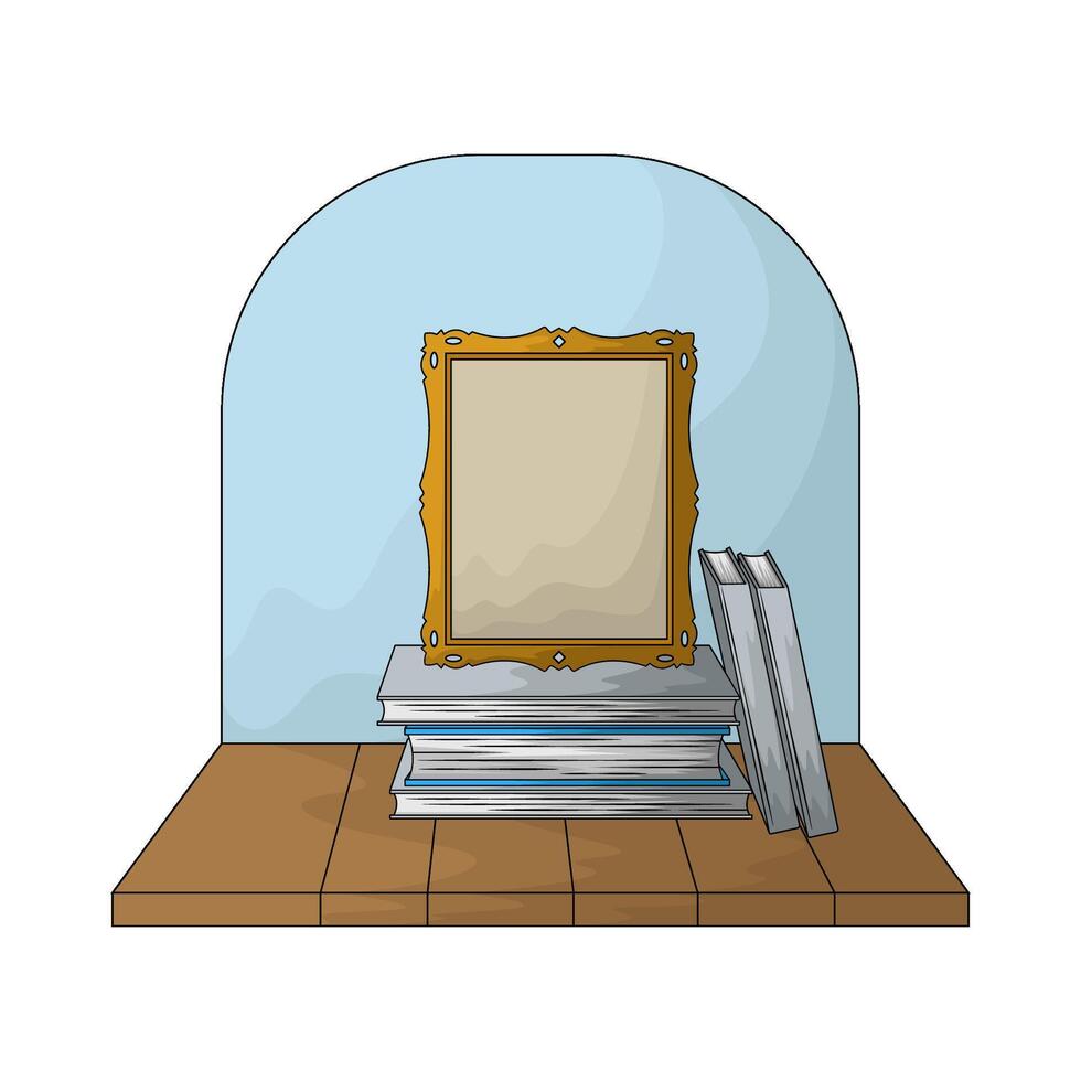 empty photo frame on top of a pile of books vector