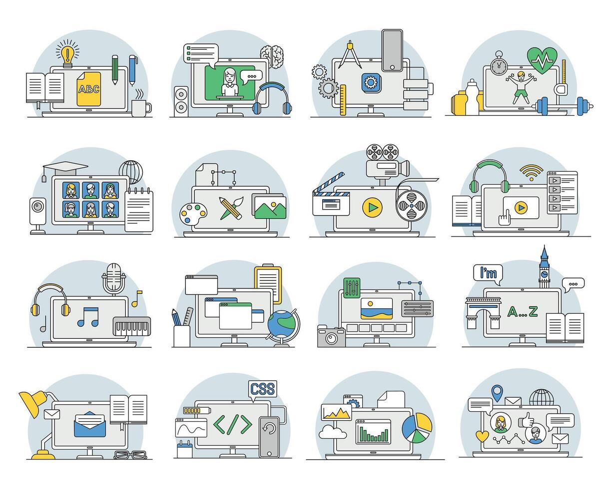 Online Professions with Learning Platform and Computer Interface Display Line Set vector