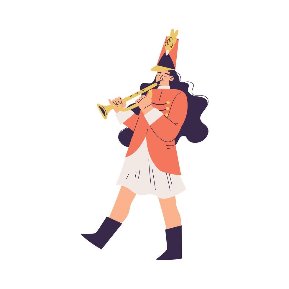 Orchestra with Marching Woman Character in Red Uniform with Trumpet Illustration vector