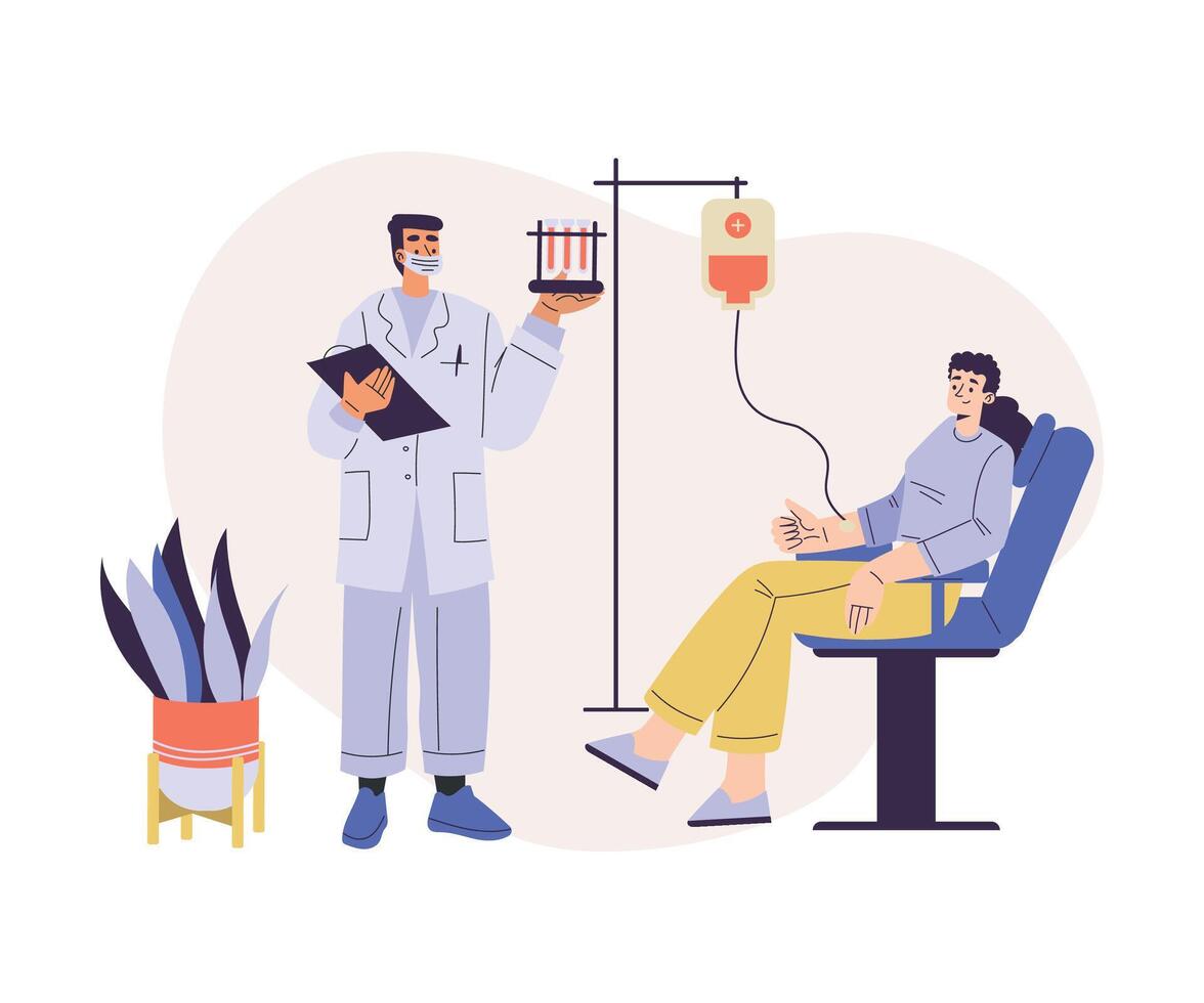 Blood Donation with Woman Donor Character Donating Blood Illustration vector
