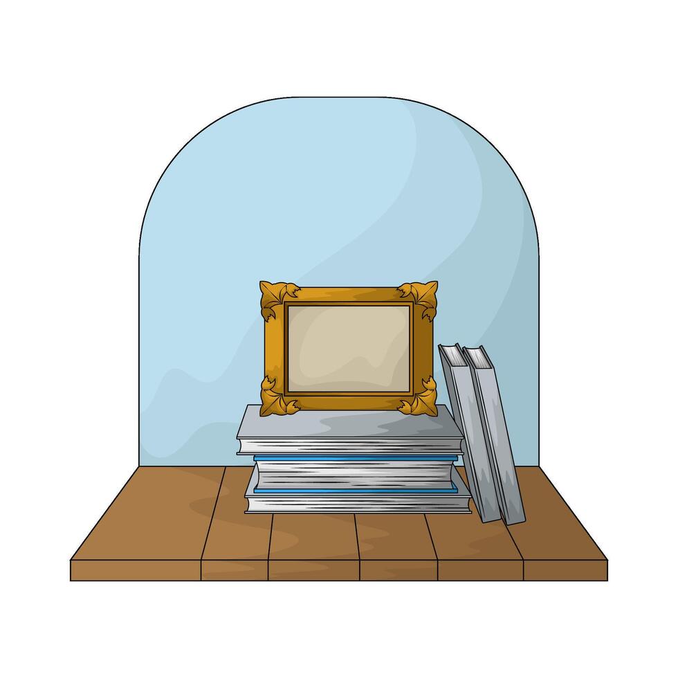 illustration of golden photo frame on top of a stack of books vector