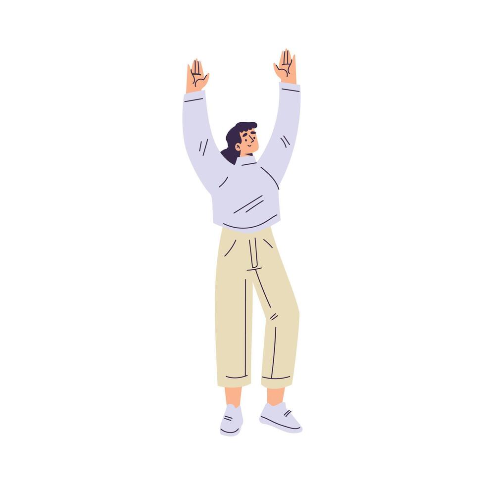 Young Woman Character Standing with Raised Hands Up Cheering Illustration vector